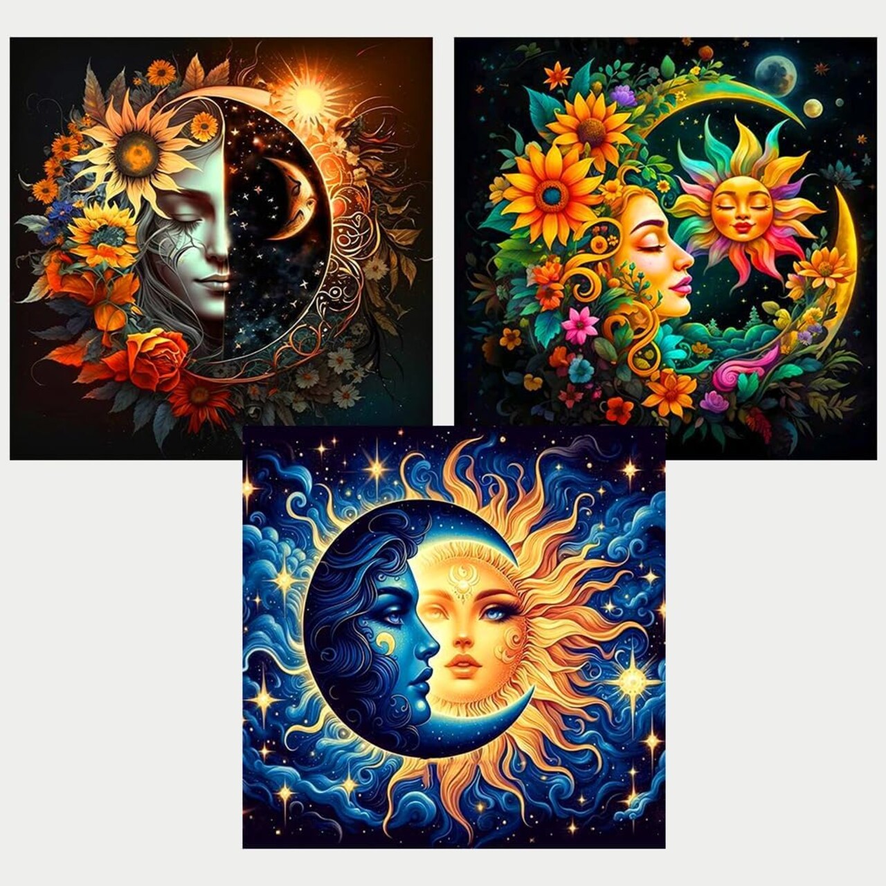Diamond Art Kits for Adults - 3 Pack Sun and Moon Diamond Painting Kits for Adults, 5D Round Full Drill Gem Art Paint by Diamonds Pictures DIY Crafts Kits 12x12inch